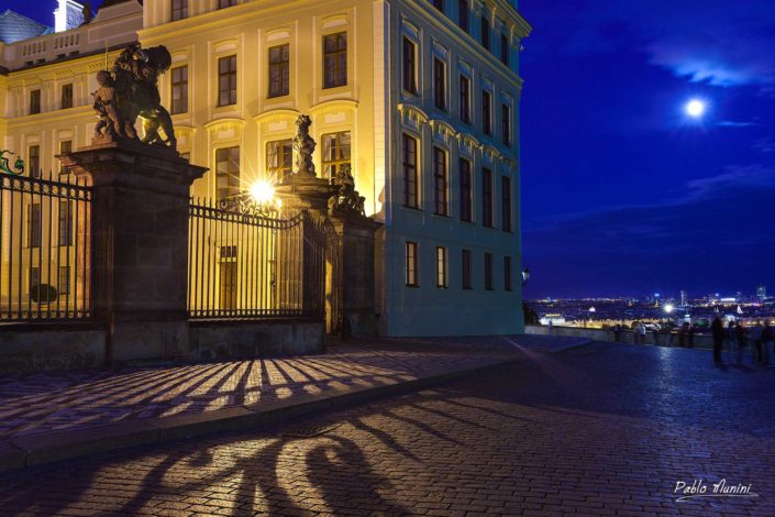 moon Prague entrance Prague castle night photography. largest ancient castle in the world.office President Republic.Gothic cathedral Romanesque Basilica
